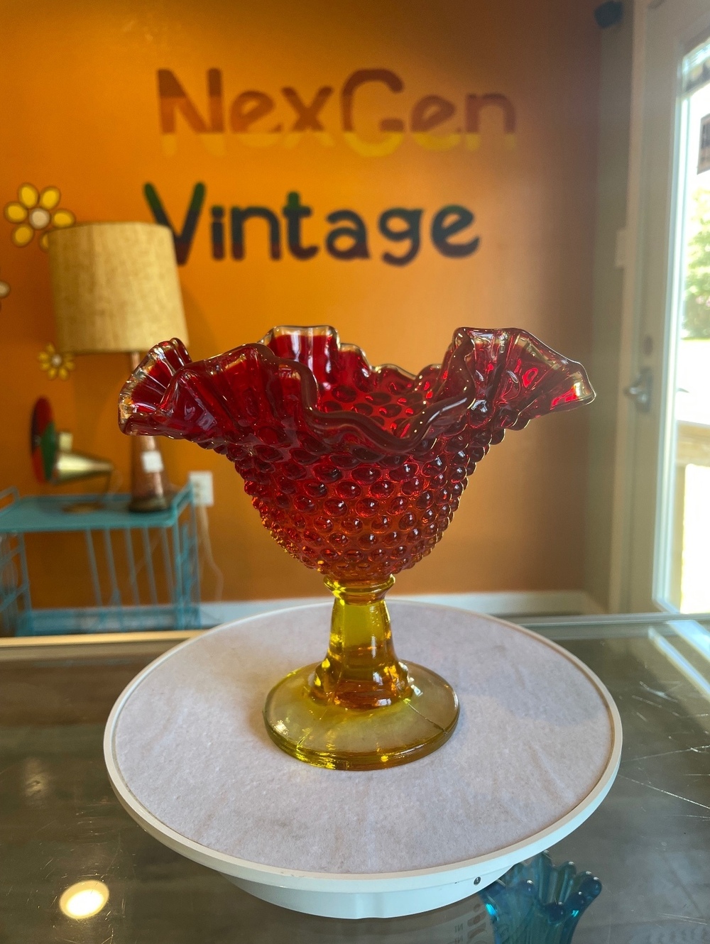 Vintage Fenton Amberina Hobnail Compote UV Reactive Ruffled Pedestal